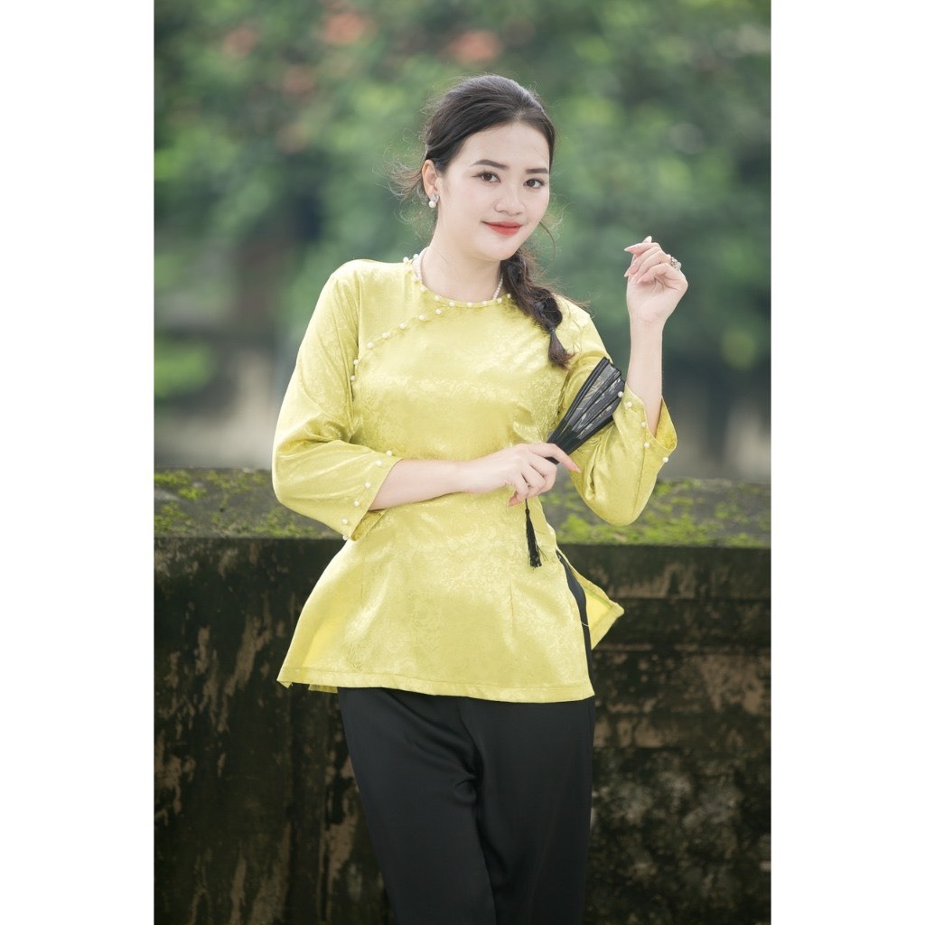 Mã áo lẻ - Đồ lam đi chùa nữ bộ pháp phục cổ tròn vạt xuông mặc đi lễ chùa