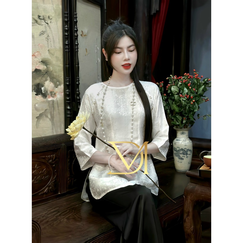 Bộ lam đi chùa cho nữ bộ pháp phục tằm nha xá cổ tròn thêu hoa tiết phù hợp đi chùa đi lễ B36