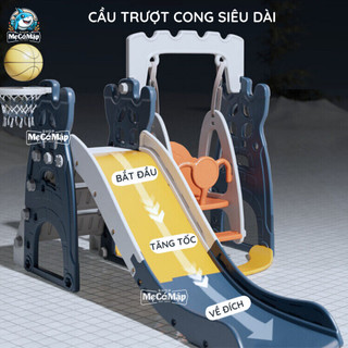 Combo Cầu Trượt Xích Đu Lâu Đài, TẶNG KÈM BỘ BÓNG RỔ, Cầu Trượt Máng Dài 2m Thành Cao, Chịu Tải 100kg