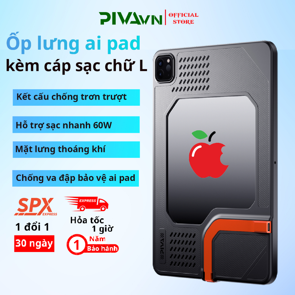 Ốp lưng Ai Pad Pro Piva kèm cáp sạc chữ L với cổng cắm bảo vệ, chống ...