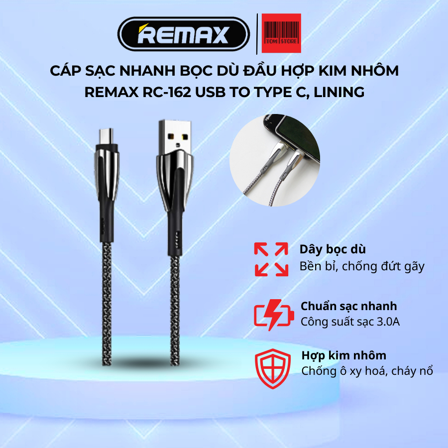 Cáp sạc nhanh bọc dù đầu hợp kim nhôm REMAX RC-162 USB to TYPE C ...
