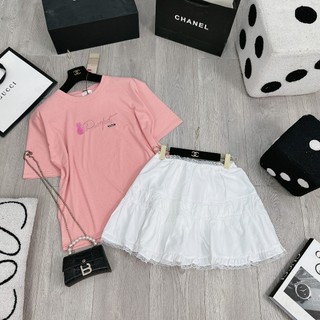 Set Bộ Đồ Nữ Áo Phông Hồng Thêu Mèo Ngắn Tay Mix Chân Váy Trắng Thô Mềm Viền Bèo Phối Ren Freesize