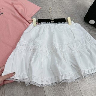 Set Bộ Đồ Nữ Áo Phông Hồng Thêu Mèo Ngắn Tay Mix Chân Váy Trắng Thô Mềm Viền Bèo Phối Ren Freesize