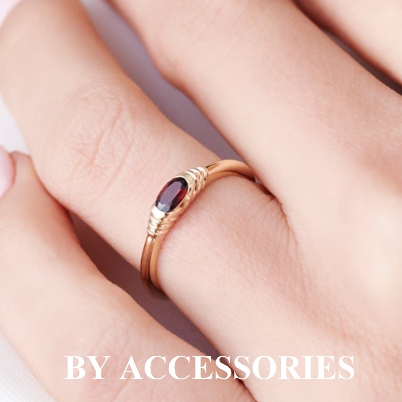 Nhẫn unisex titan nam nữ bản nhỏ khảm đá oval màu đỏ mạ vàng 18K không gỉ WR2422 BY ACCESSORIES