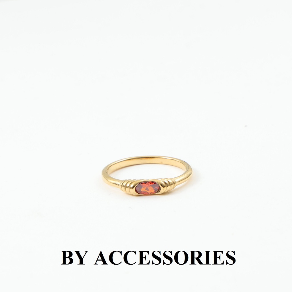 Nhẫn unisex titan nam nữ bản nhỏ khảm đá oval màu đỏ mạ vàng 18K không gỉ WR2422 BY ACCESSORIES