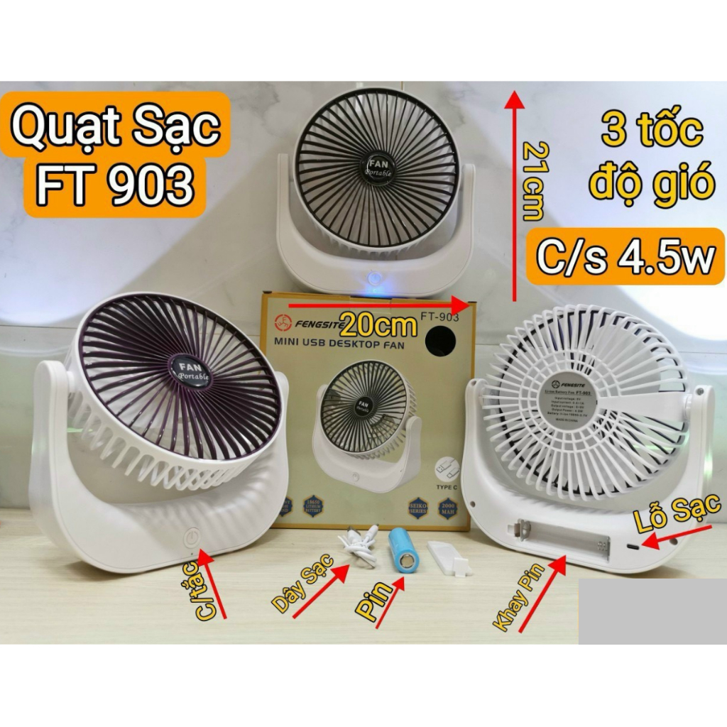 Quạt sạc USB Quạt tích điện cao cấp FT- 903 có 3 chế độ quạt - Quạt mát, Gọn nhẹ, Quạt liên tục từ 2-3 tiếng tùy chế độ