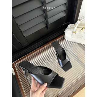 Dép guốc nữ sandal cao gót 5 phân IVORY mũi vuông da mềm cao cấp by Serene