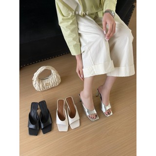 Dép guốc nữ sandal cao gót 5 phân IVORY mũi vuông da mềm cao cấp by Serene