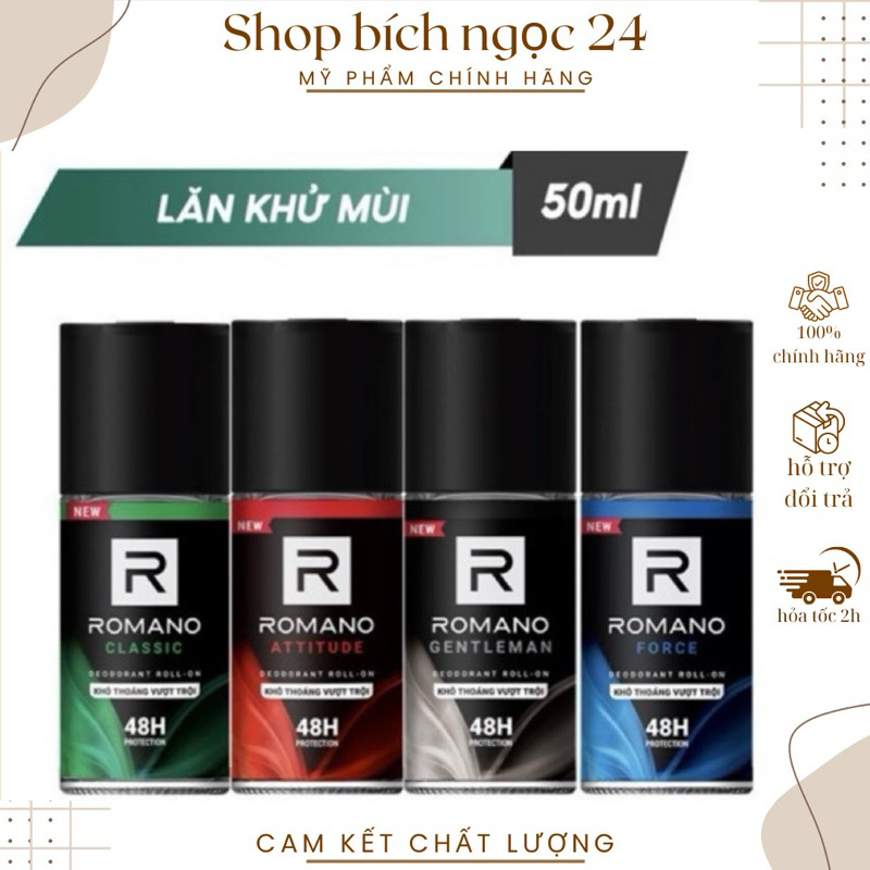 Lăn khử mùi nam kháng khuẩn & khô thoáng cả ngày Romano 50ml
