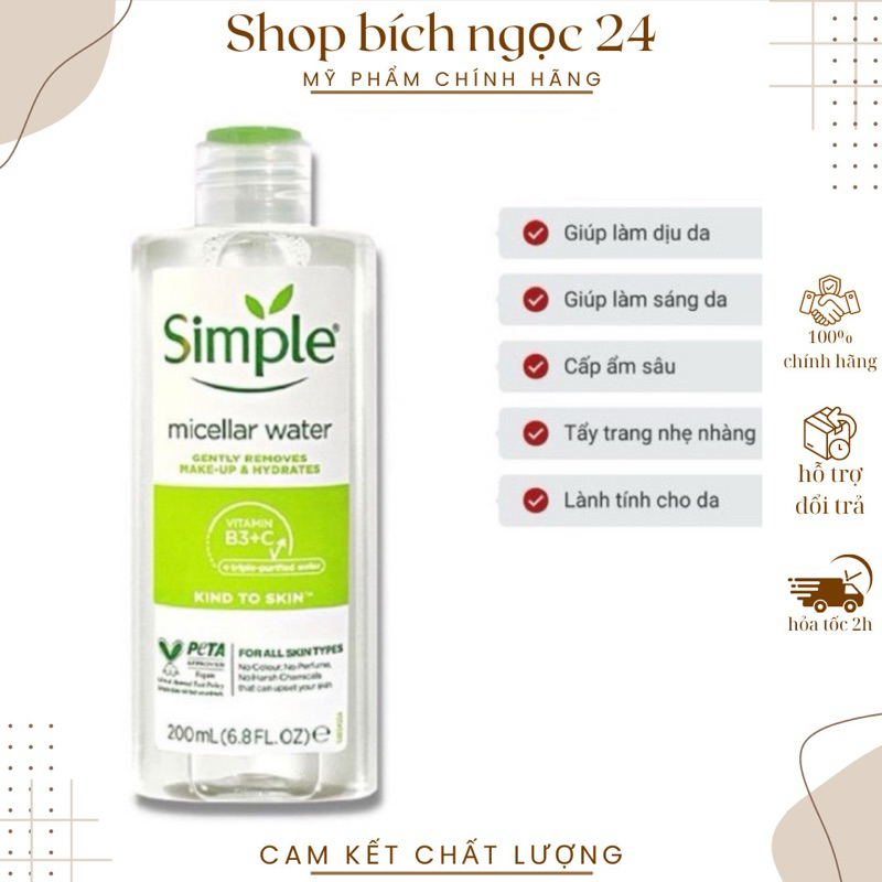 Nước tẩy trang Simple Micellar làm sạch trang điểm vượt trội và cấp ẩm tức thì cho da 200ml, 400ml