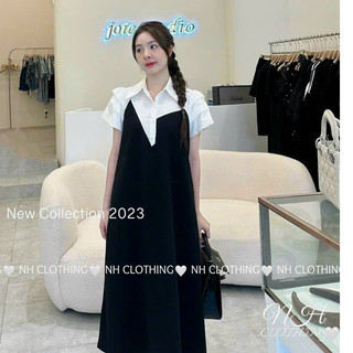 VÁY BẦU ĐEN CỘC TAY SƠ MI PHA TRẮNG TAY ĐIỆU