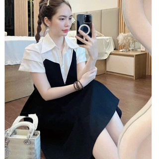 VÁY BẦU ĐEN CỘC TAY SƠ MI PHA TRẮNG TAY ĐIỆU