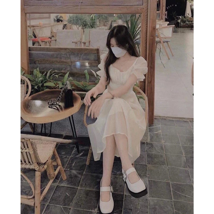 Váy babydoll tay phồng tiểu thư bánh bèo, đầm babydoll công chúa dáng dài dự tiệc cổ vuông tay bồng
