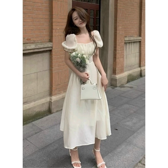 Váy babydoll tay phồng tiểu thư bánh bèo, đầm babydoll công chúa dáng dài dự tiệc cổ vuông tay bồng