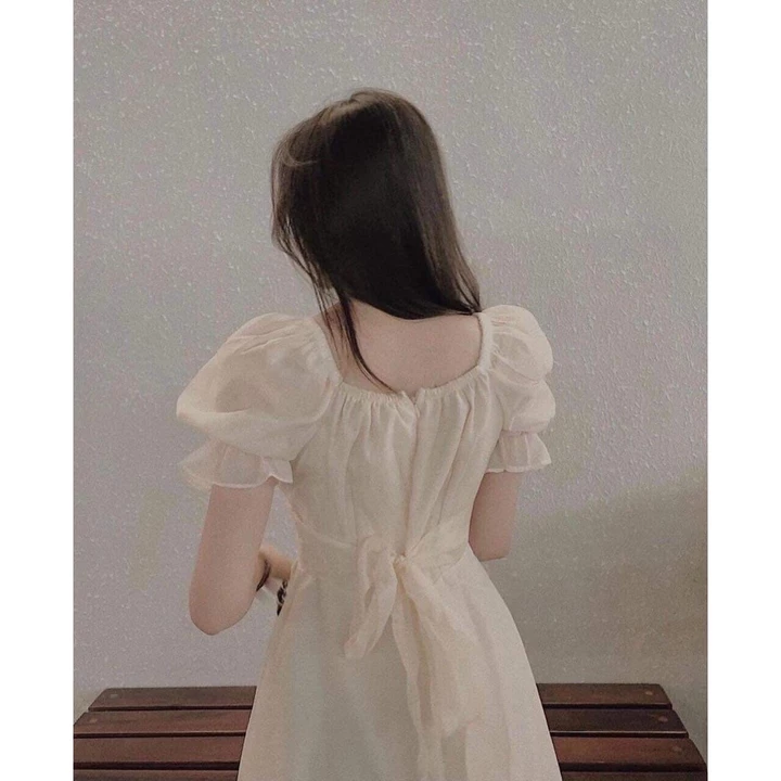 Váy babydoll tay phồng tiểu thư bánh bèo, đầm babydoll công chúa dáng dài dự tiệc cổ vuông tay bồng