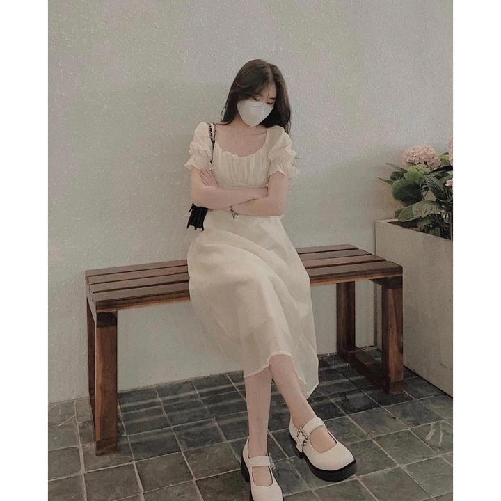 Váy babydoll tay phồng tiểu thư bánh bèo, đầm babydoll công chúa dáng dài dự tiệc cổ vuông tay bồng
