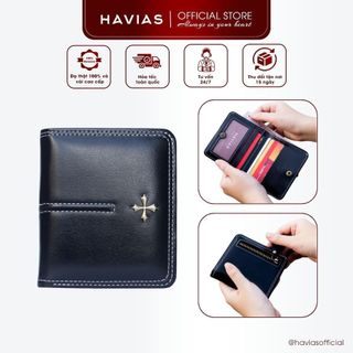 Ví Da Đứng HAVIAS gập đôi khóa kéo trong da bò thật Nappa nhập khẩu PLUX