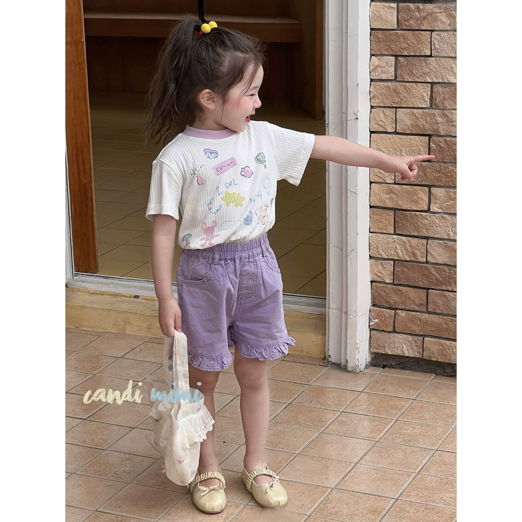 CANDIMIMI Áo Phông Cotton Gân Dọc In Hình Dễ Thương Mềm Mát Cho Bé Gái -  Phong Cách Hàn Quốc