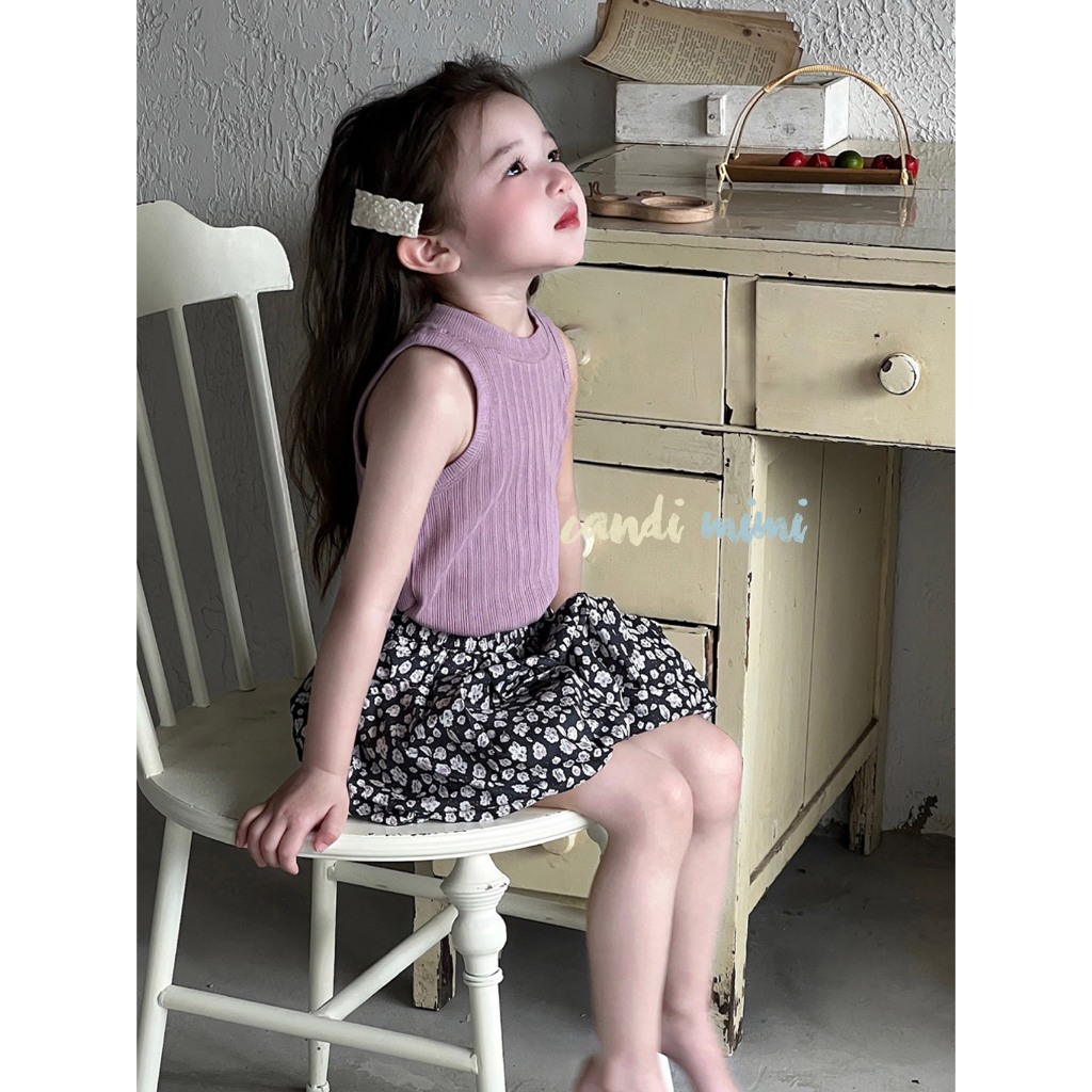 CANDIMIMI Áo Khoét Nách Thun Cotton Cho Bé Gái -  Phong Cách Hàn Quốc