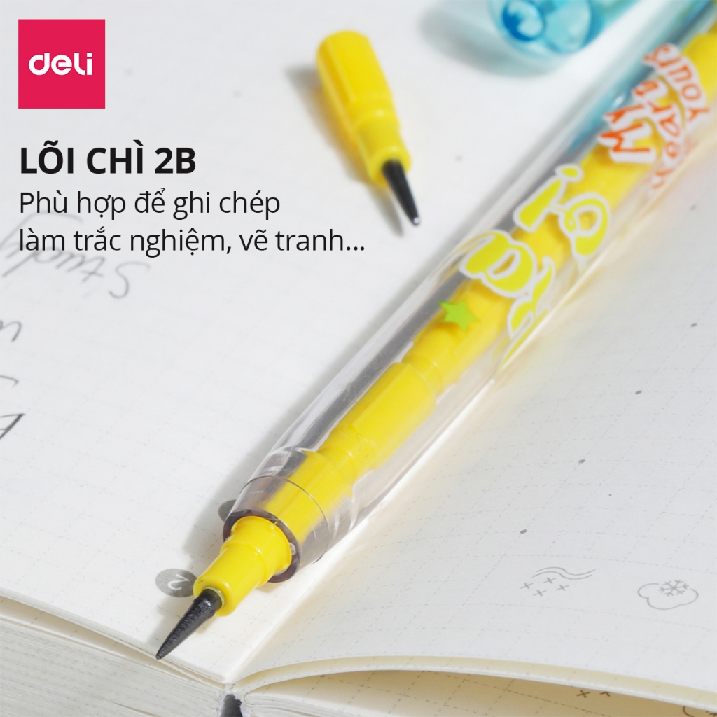 Bút chì khúc học sinh 2B HB Deli màu ngẫu nhiên có thể thay thế ngòi, an toàn cho trẻ em khi sử dụng