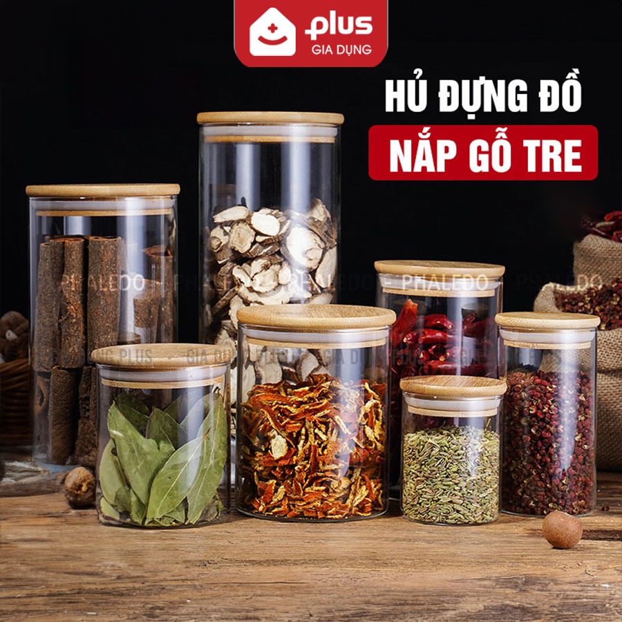 Hũ Thuỷ Tinh Nắp Gỗ Tre, Lọ Thuỷ Tinh Nắp Gỗ Borosilicate Chịu Nhiệt, Không Chứa Chì Cao Cấp PHALEDO