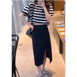 Set bộ áo thun croptop kẻ phối chân váy bút chì style Hàn A1421