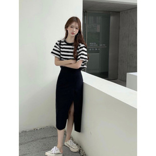 Set bộ áo thun croptop kẻ phối chân váy bút chì style Hàn A1421