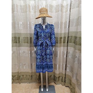 Đầm midi cổ tròn thắt eo tay lửng TALBOTS