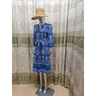 Đầm midi cổ tròn thắt eo tay lửng TALBOTS