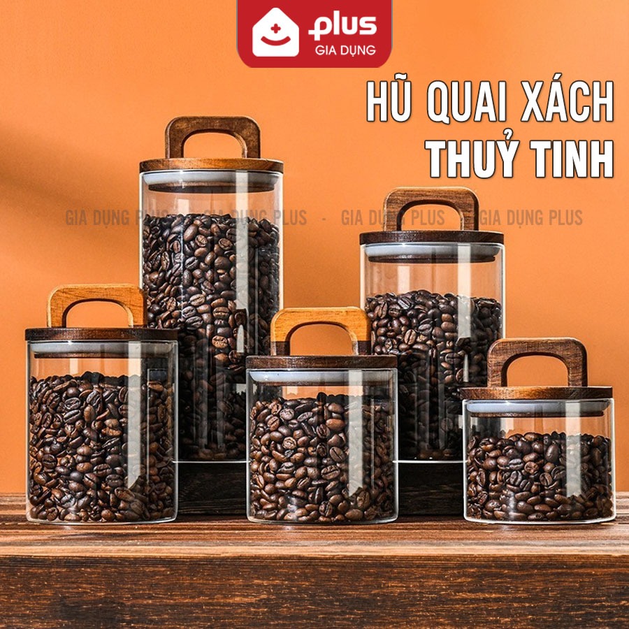 Lọ Thuỷ Tinh Nắp Kín Có Tay Cầm, Hũ Đựng Thực Phẩm Nắp Gỗ Borosilicate Không Chì 450ml-2150ml PHALEDO (P-0361)
