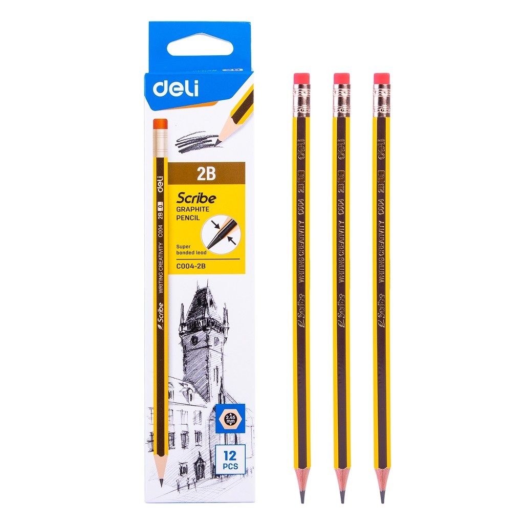 Hộp 12 bút chì 2B Deli - viết chì - Scribe kẻ sọc vàng sọc đen C004