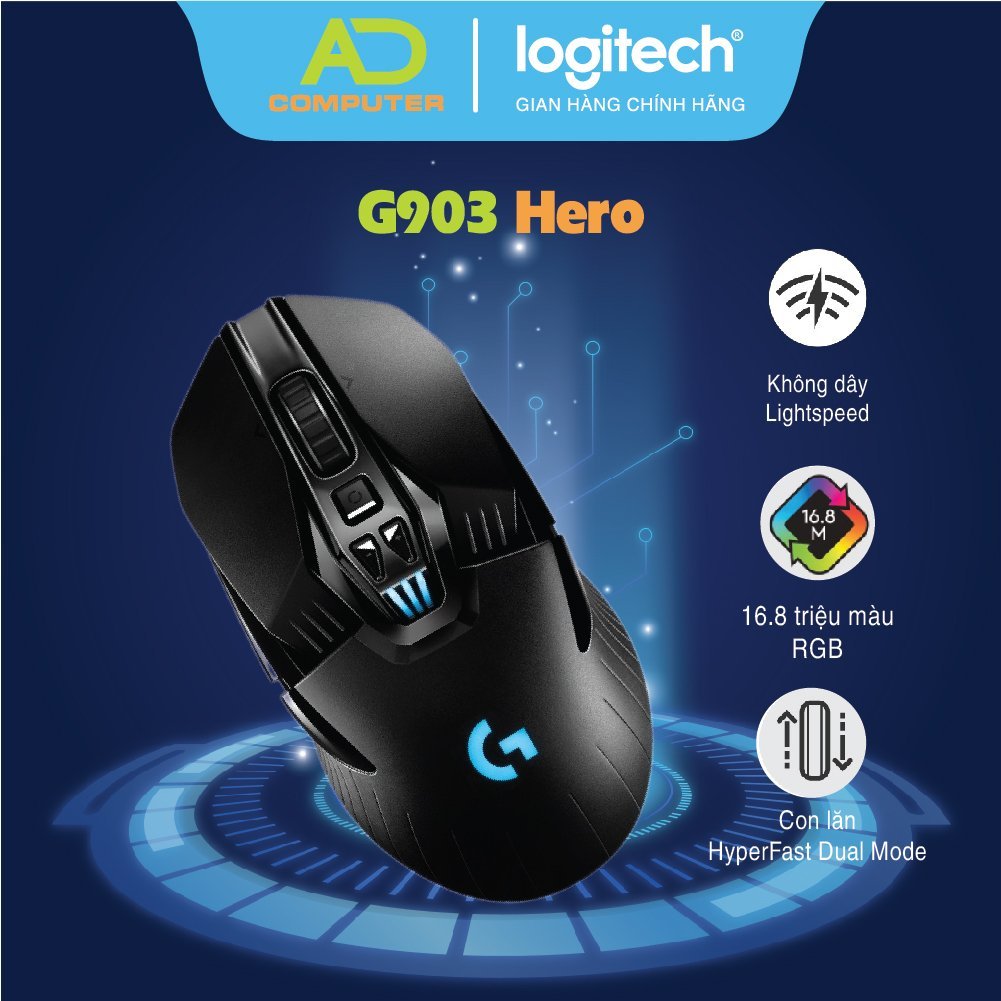 Chuột game không dây RGB Logitech G903 Hero - Cảm biến Hero 25k, pin ...