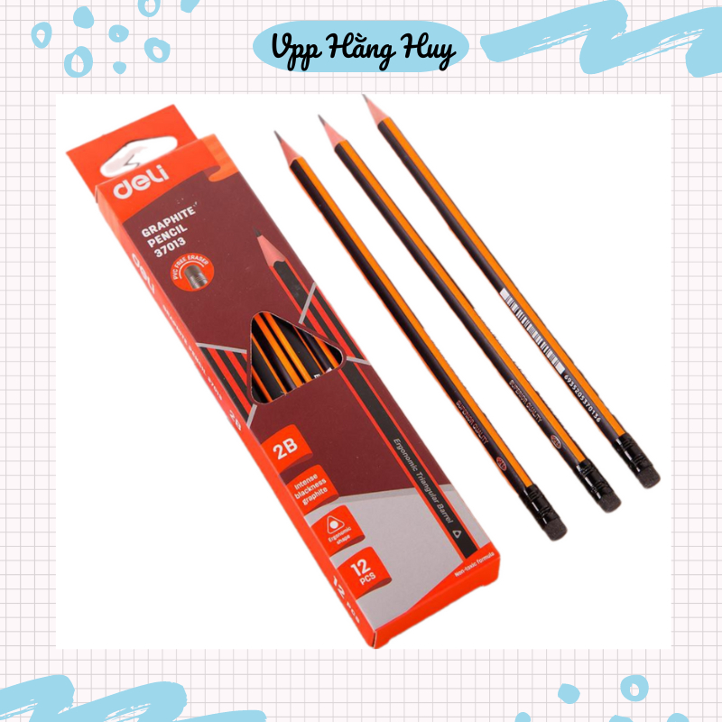 Bút Chì 2B Kèm Đầu Tẩy Deli Sọc Cam - Chì Đen Đậm, Dễ Tẩy Cho Học Sinh hộp 12 bút