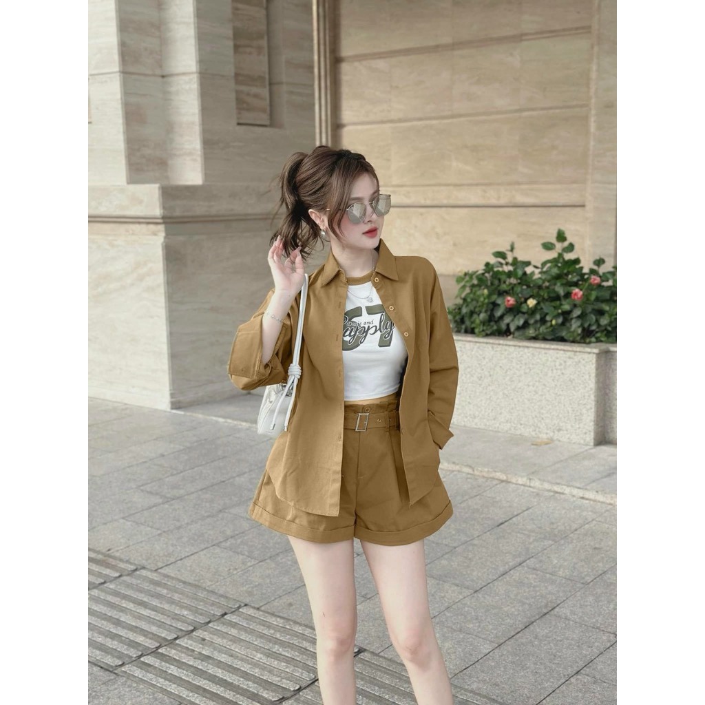 Set bộ 3 món - Set thời trang nữ đi chơi Set đùi 3 món áo thun trắng in kèm 67 khoác rêu+ Quần short kèm nịt năng động