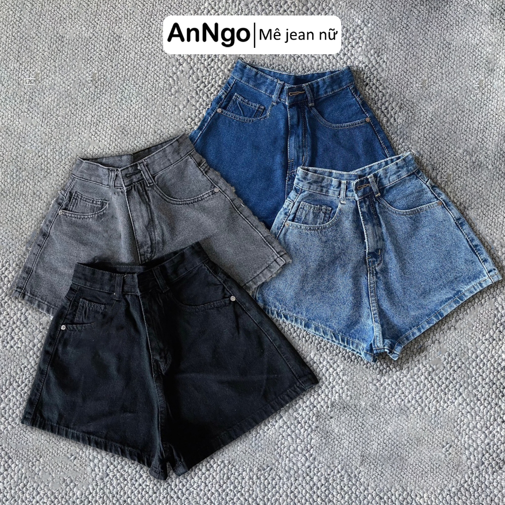 Quần short jean nữ lưng cao ống rộng, quần đùi bò không co giãn Anngo - AT344