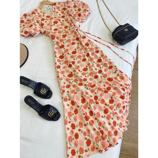 Đầm midi thô cổ V vạt chéo tay bồng 2 màu hoa sang chảnh A2353