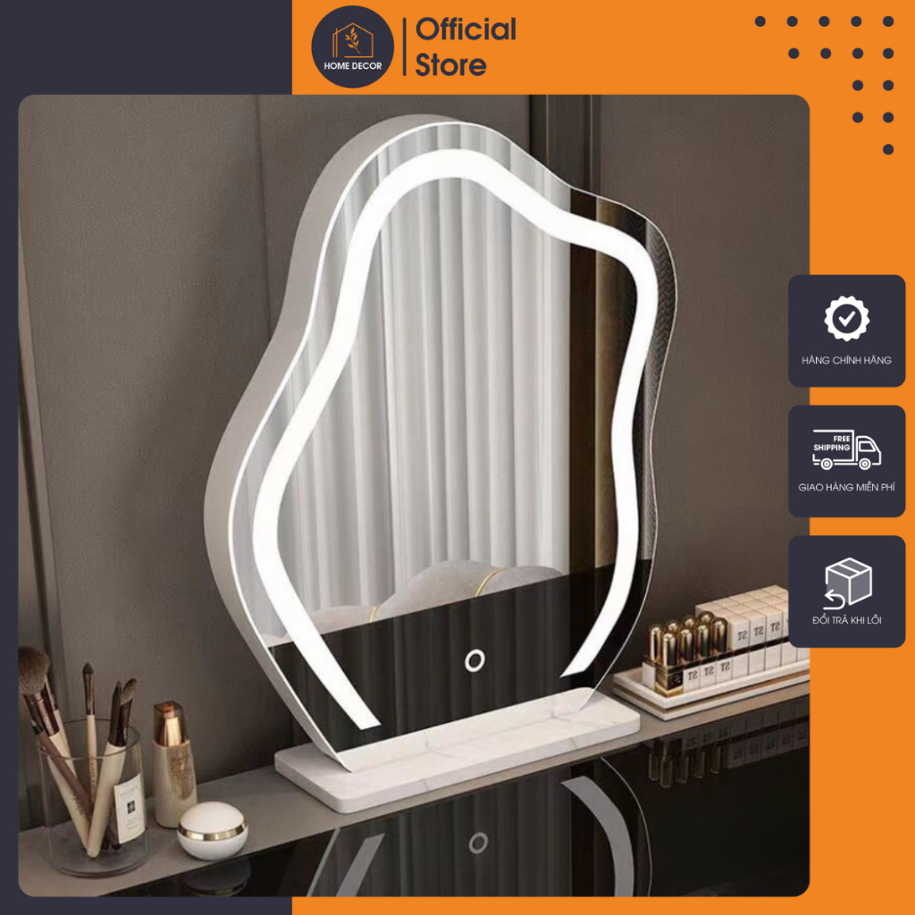 Gương decor hình hạt đậu để bàn make up Decor Smart phối viền phun cát Touch led thời thượng khuyến mãi kèm theo đế gỗ