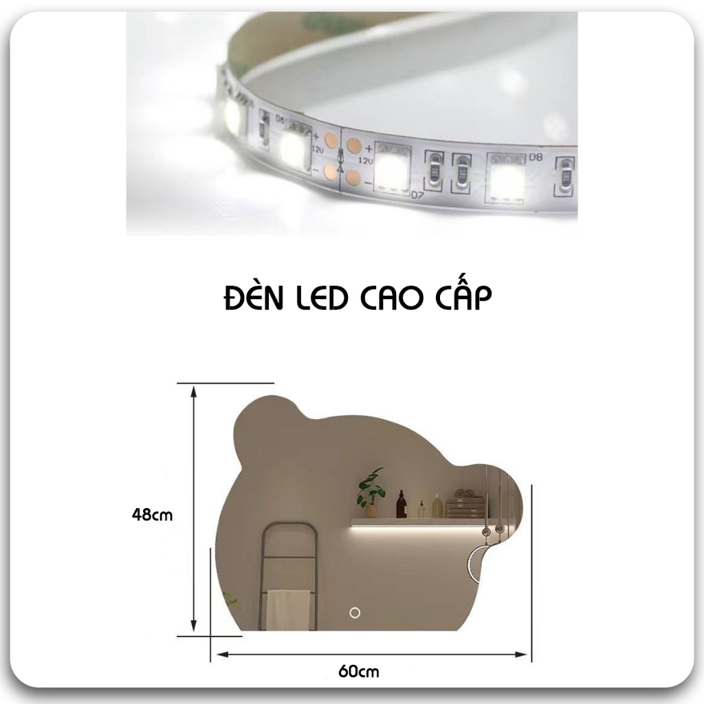 Gương gấu treo tường phòng tắm, gương đầu gấu treo bàn trang điểm xinh xắn, gương cảm ứng led Nhu Y Decor
