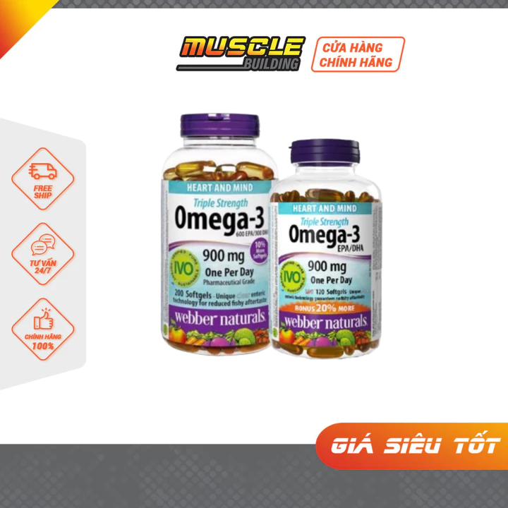 Dầu cá Omega 3 Triple Strength 900mg cung cấp 600mg EPA và 300mg DHA; Omega 3 Webber Natural