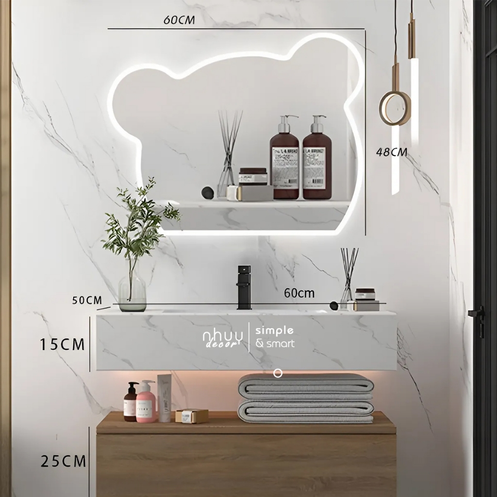 Gương gấu treo tường phòng tắm, gương đầu gấu treo bàn trang điểm xinh xắn, gương cảm ứng led Nhu Y Decor