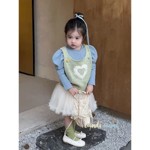 CANDIMIMI Set Áo Len Dài Tay Vai Bồng - Áo Gile Len Trái Tim - Chân Váy Tutu Mềm Mại Cho Bé Gái - Phong Cách Hàn Quốc