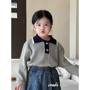 CANDIMIMI Áo Polo Len Gân Dài Tay Xám Mềm Mại Cho Bé Gái - Phong Cách Hàn Quốc