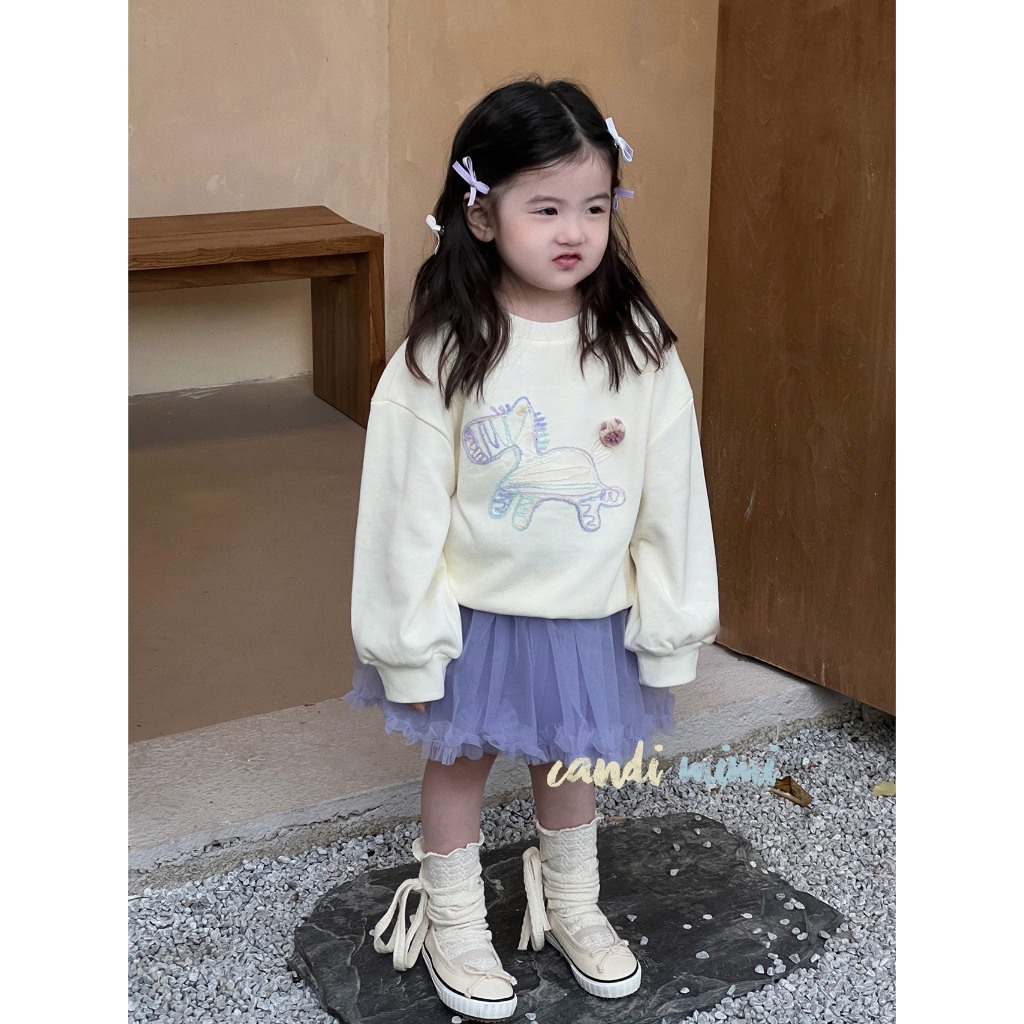 CANDIMIMI Áo Cotton Dài Tay Chú Ngựa Tím Mềm Mại Cho Bé Gái -  Phong Cách Hàn Quốc