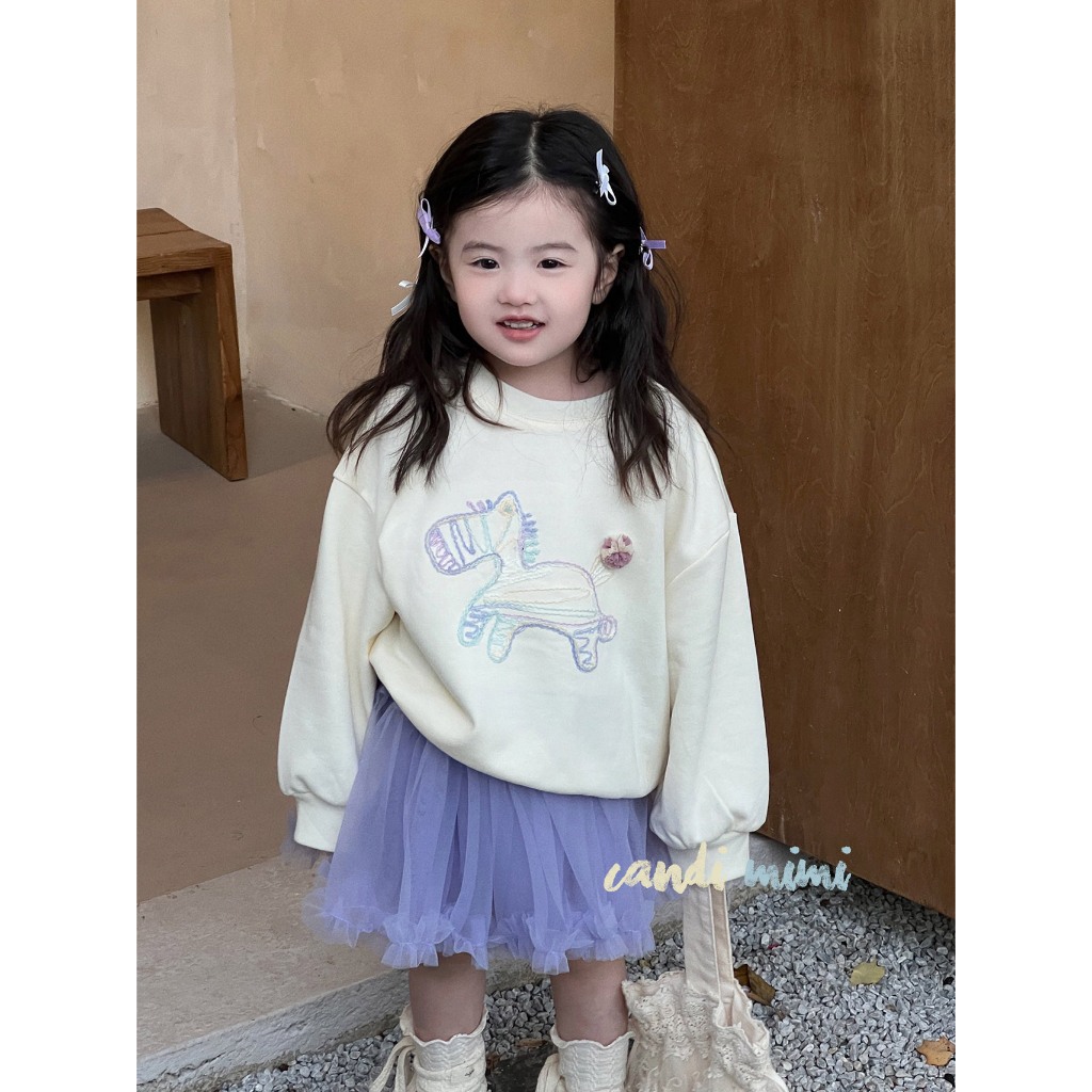 CANDIMIMI Áo Cotton Dài Tay Chú Ngựa Tím Mềm Mại Cho Bé Gái -  Phong Cách Hàn Quốc