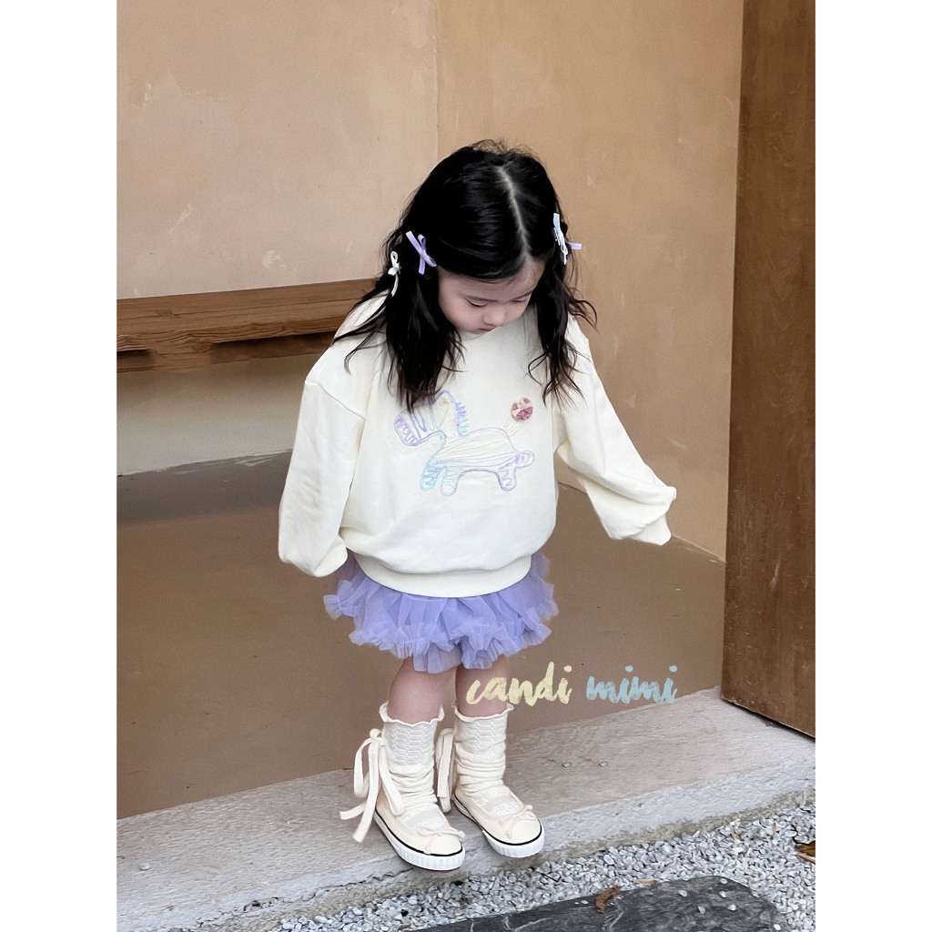 CANDIMIMI Áo Cotton Dài Tay Chú Ngựa Tím Mềm Mại Cho Bé Gái -  Phong Cách Hàn Quốc
