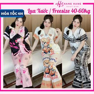 Đồ ngủ nữ 40-60kg, pijama dài cộc tay ngắn cổ nhọn nhún lụa xước mềm mát 60CD17, đồ bộ nữ đồ mặc nhà gấu dâu dễ thương