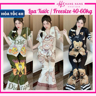 Đồ ngủ nữ 40-60kg, pijama dài cộc tay ngắn cổ nhọn nhún lụa xước mềm mát 60CD17, đồ bộ nữ đồ mặc nhà gấu dâu dễ thương