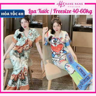 Đồ ngủ nữ 40-60kg, pijama dài cộc tay ngắn cổ nhọn nhún lụa xước mềm mát 60CD17, đồ bộ nữ đồ mặc nhà gấu dâu dễ thương