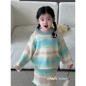 CANDIMIMI Set Áo Dài Tay Và Chân Váy Kẻ Xuân Hè Dễ Thương Cho Bé Gái - Phong Cách Hàn Quốc