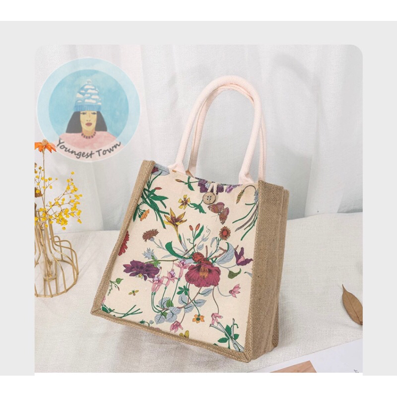 Túi cói hoạ tiết hoa lá cành thơ kích thước vuông khoá gài  🌸